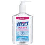 A 12-pack of PURELL® Hand Sanitizer features an 8 oz. clear bottle with a white pump, labeled Kills the Most Germs, Refreshing Gel, and #1 Brand in Hospitals.