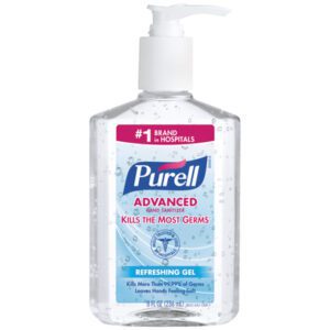 A 12-pack of PURELL® Hand Sanitizer features an 8 oz. clear bottle with a white pump, labeled Kills the Most Germs, Refreshing Gel, and #1 Brand in Hospitals.