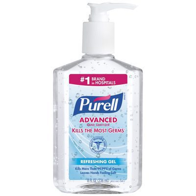PUR1510.jpg A 12-pack of PURELL® Hand Sanitizer features an 8 oz. clear bottle with a white pump, labeled Kills the Most Germs, Refreshing Gel, and #1 Brand in Hospitals.
