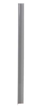 A tall, thin metallic object resembling the Vestil PVC Corner Guard Round in gray stands vertically against a plain white background, with a smooth surface and slight reflectiveness highlighting its sleek design.