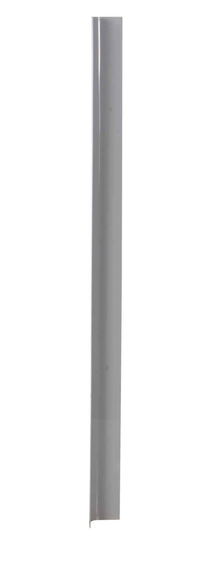 A tall, thin metallic object resembling the Vestil PVC Corner Guard Round in gray stands vertically against a plain white background, with a smooth surface and slight reflectiveness highlighting its sleek design.