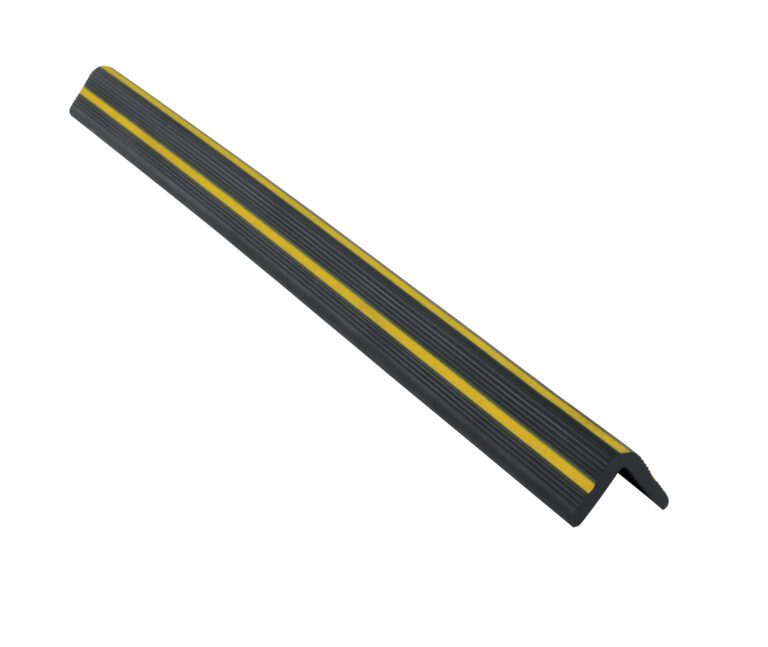 PVCG-D_A.jpg The Vestil Rubber Corner Guard V-Guard, sized 2 in. x 2 in., showcases a bold black and yellow L-shape with textured horizontal ridges to boost safety.