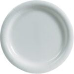 A plain, round, white 9 MH-USA Paper Plate from the Medium-Duty collection features a slightly raised rim and smooth surface, ideal for food serving. Sold in packs of 500 per case.