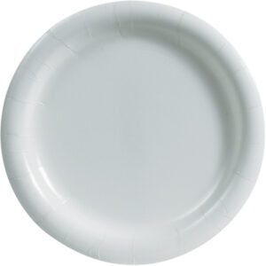 A plain, round, white 9 MH-USA Paper Plate from the Medium-Duty collection features a slightly raised rim and smooth surface, ideal for food serving. Sold in packs of 500 per case.
