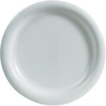 The MH-USA Paper Plates - 9 Heavy-Duty, White (500/Case) are round and plain with a slightly raised edge. Subtle creases on the rim complement the white background, making them ideal for any event as disposable plates.
