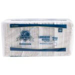 Package of MH-USA Paper Luncheon Napkins, 1-ply, with 500 napkins. The clear plastic packaging has blue and white labels featuring the company logo and product details. Perfect size at 12.1/2 x 11.3/4, these napkins ensure quality in every use.