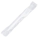 The MH-USA Individually Wrapped White Plastic Forks (1000/Case) are conveniently packaged for hygiene in transparent plastic wrappers.