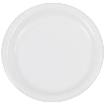 PW120.jpg A medium-duty 7 white paper plate by MH-USA, featuring a subtle embossed rim pattern, pictured against a white background.