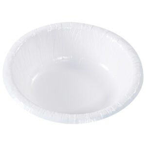 The MH-USA Paper Bowls - 20 oz. Heavy-Duty variety, sold in cases of 500, features a plain white design with a smooth, slightly glossy surface. Its round shape and thin rim highlight its simplicity, as it is displayed empty against a white background.