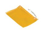 The Vestil Yellow Polypropylene Parts/Sand Bag 12In, shown flat on a white background, has a drawstring closure for easy access. Perfect for versatile uses, the bags partially pulled drawstring offers convenient functionality.