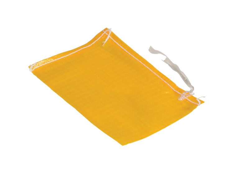 The Vestil Yellow Polypropylene Parts/Sand Bag 12In, shown flat on a white background, has a drawstring closure for easy access. Perfect for versatile uses, the bags partially pulled drawstring offers convenient functionality.