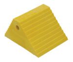 The Vestil Plastic Dual Slope Wheel Chock Yellow has a triangular shape and ridged surface, featuring a convenient top hole for easy handling or securing, ensuring vehicles stay securely in place.