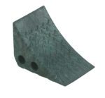 The Vestil Recycled Green Plastic Wheel Chock acts like a textured doorstop wedge with two holes, featuring small triangles on its surface. Its simple inclined plane design is crafted to hold doors open securely.