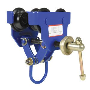 The Vestil Manual Trolley 300 Lb Capacity is a blue industrial tool with four black wheels, a metal screw adjustment mechanism, a sturdy bottom hook, and it features a red and white side label.