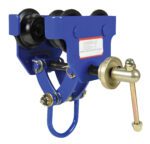 The Vestil Manual Trolley 600 Lb Capacity features a blue industrial design with black wheels and a silver adjustment mechanism, complete with a metal loop and mounted bolt, making it perfect for precision-heavy-duty use.