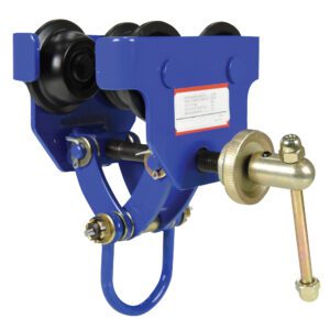 The Vestil Manual Trolley 600 Lb Capacity features a blue industrial design with black wheels and a silver adjustment mechanism, complete with a metal loop and mounted bolt, making it perfect for precision-heavy-duty use.