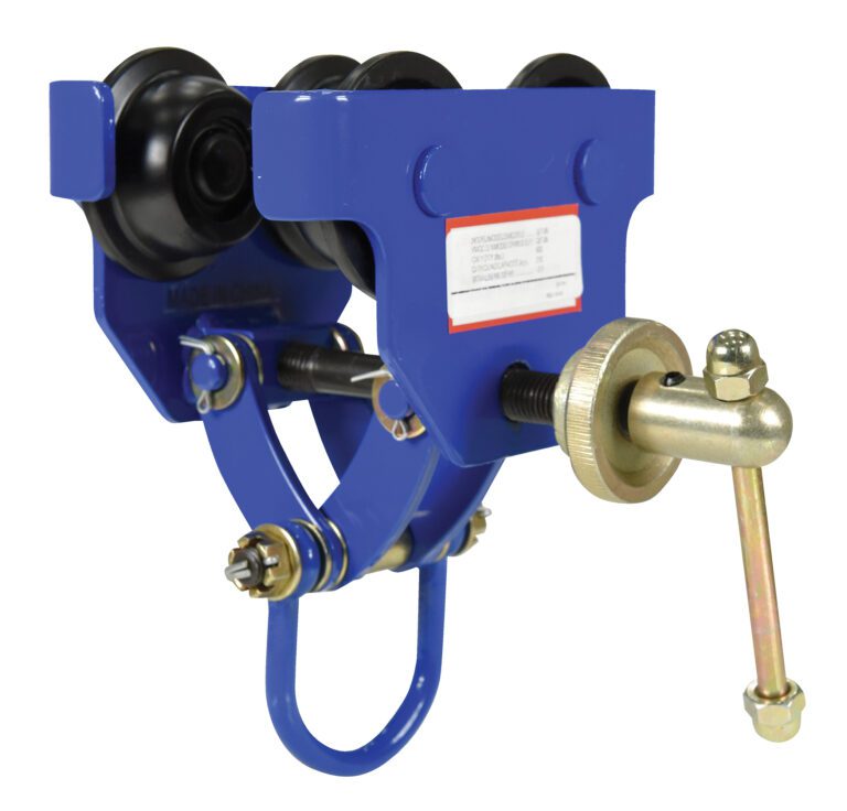 QIT-06_A.jpg The Vestil Manual Trolley 600 Lb Capacity features a blue industrial design with black wheels and a silver adjustment mechanism, complete with a metal loop and mounted bolt, making it perfect for precision-heavy-duty use.