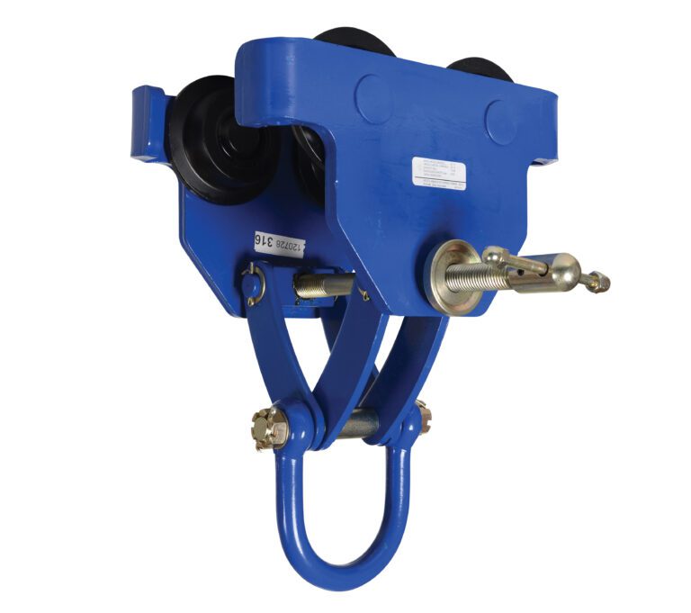 The Vestil Manual Trolley 10000 Lb Capacity has a sturdy blue metal frame with wheels for rail or beam sliding, a threaded adjustment mechanism, and includes a hook-like bottom component for secure movement.