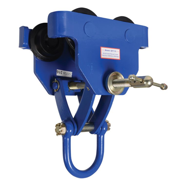 QIT-12_A.jpg The Vestil Manual Trolley 12000 Lb Capacity boasts a blue industrial frame, black wheels, and a silver adjustment screw. Designed for heavy-duty use, its durable metal design features the model number on a small label.
