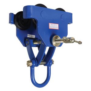 The Vestil Manual Trolley 12000 Lb Capacity boasts a blue industrial frame, black wheels, and a silver adjustment screw. Designed for heavy-duty use, its durable metal design features the model number on a small label.