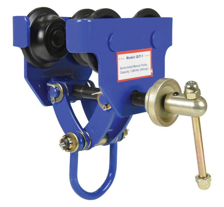 The blue Vestil Manual Trolley holds up to 1,000 lbs (454 kg) and features black wheels, a hook, and a Quick-Install label for easy rail or beam setup.