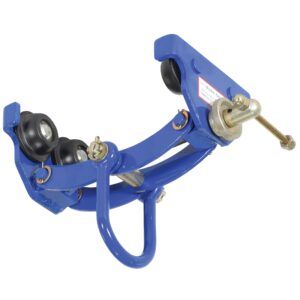 This blue Vestil Manual Trolley has a 4000 lb capacity, features two black wheels, a curved handle, and includes a metal rod with a round knob for attachment or support.