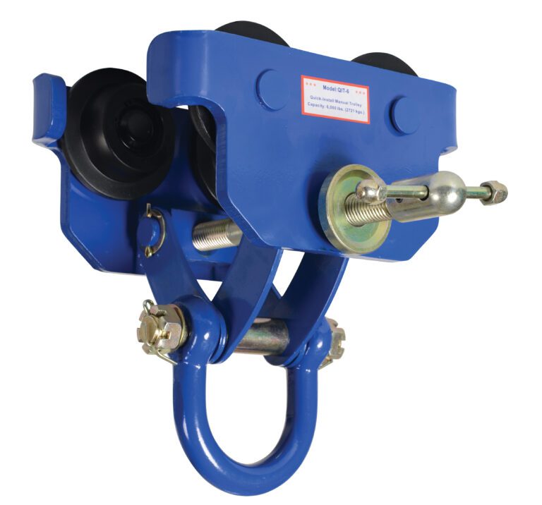 The Vestil Manual Trolley 6000 Lb Capacity is a blue, heavy-duty model with black wheels, perfect for industrial lifting. It features a metal hook, labeled panel for model details, and a robust build with visible bolts ensuring secure attachment.