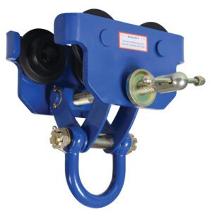 The Vestil Manual Trolley 6000 Lb Capacity is a blue, heavy-duty model with black wheels, perfect for industrial lifting. It features a metal hook, labeled panel for model details, and a robust build with visible bolts ensuring secure attachment.