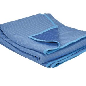 The Vestil All Weather Moving Pad Polyester 1 Pack, a neatly folded blue blanket with light blue trim and visible white stitching, rests elegantly against a plain white background.