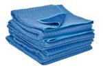 The image shows a neatly folded stack of blue Vestil All Weather Moving 4 Pads against a white background. This 4-pack features light blue trim, is made from durable polyester, and has quilted texture for dependable protection during moves.