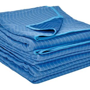 The image shows a neatly folded stack of blue Vestil All Weather Moving 4 Pads against a white background. This 4-pack features light blue trim, is made from durable polyester, and has quilted texture for dependable protection during moves.