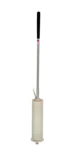The Vestil Hand Operated Quick Wrapper 60 In has a long metallic handle with a black grip, an American flag detail, and holds a translucent, partially used stretch film roll at the base, making it perfect for wrapping items.