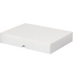 A plain, closed MH-USA 8 1/2 x 11 x 2 Stationery Folding Carton is viewed slightly from the side against a matching white background.
