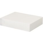 A plain white cardboard box, modeled after MH-USA 8 1/2 x 11 x 2 1/2 Stationery Folding Cartons (200/Case), rests on a white background. The boxs closed design reflects a minimalist aesthetic, without any markings or designs.