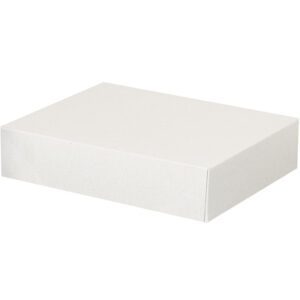 A plain white cardboard box, modeled after MH-USA 8 1/2 x 11 x 2 1/2 Stationery Folding Cartons (200/Case), rests on a white background. The boxs closed design reflects a minimalist aesthetic, without any markings or designs.