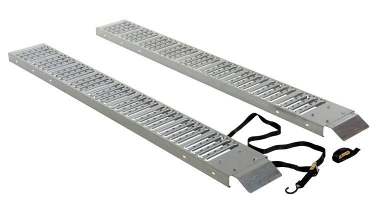 The Vestil Steel Van Ramps 72 x 18 x 2 offer metallic loading ramps with perforated surfaces for better grip, each featuring a hooked end and a safety strap with a buckle to ensure stability during loading.