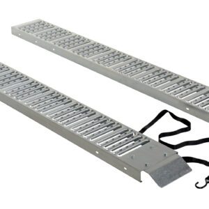 The Vestil Steel Van Ramps 72 x 18 x 2 offer metallic loading ramps with perforated surfaces for better grip, each featuring a hooked end and a safety strap with a buckle to ensure stability during loading.