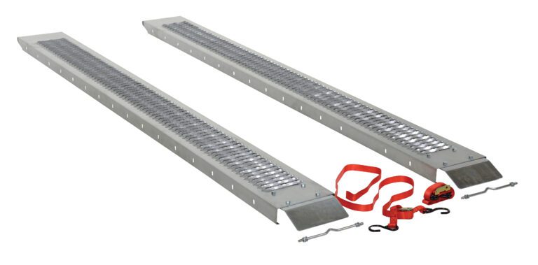 The Vestil Steel Van Ramps (Set Of 2) 96 X 18 X 2 boast a durable, anti-slip surface and parallel alignment on the ground. An adjacent red ratchet strap with hooks and a tensioning mechanism secures loads. The ramps angled ends facilitate easy access.