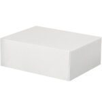 The MH-USA 8 1/2 x 11 x 4 Stationery Folding Cartons in a crisp white finish are perfect for organizing essentials, available in cases of 150, and feature a smooth surface against a matching background.