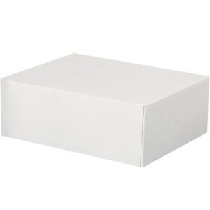 The MH-USA 8 1/2 x 11 x 4 Stationery Folding Cartons in a crisp white finish are perfect for organizing essentials, available in cases of 150, and feature a smooth surface against a matching background.
