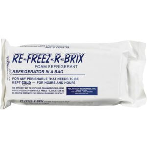 The white 9 x 4 x 1 1/2 Re-Freez-R-Brix® Foam Refrigerant Cold Bricks, produced by Polar Tech Industries, Inc., serve as a portable refrigerator in a bag, ideal for keeping perishable items cold longer and are available in a case of six.
