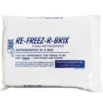 The 9 x 8 x 1 1/2 Re-Freez-R-Brix® Cold Bricks (6/Case) are packaged in white with RE-FREEZ-R-BRIX Foam Refrigerant labeling and are designed to keep perishables cold for long periods. Polar Tech Industries contact details are also printed on the packaging.