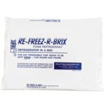 Image of white foam refrigerant pack, Re-Freez-R-Brix® Cold Bricks, measuring 11 1/4 x 9 1/4 x 1, marketed as a Refrigerator in a Bag to keep perishables cold. Sold in cases of 12 with product and contact info for Polar Tech Industries, Inc.