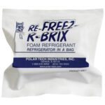 The product, 4 x 2 1/4 x 1 1/2 Re-Freez-R-Brix® Cold Bricks (48/Case), is from Polar Tech Industries, Inc. and comes in a white bag labeled Re-Freez-R-Brix Foam Refrigerant, featuring blue text and icons with product number RB-7 for optimal cold storage.