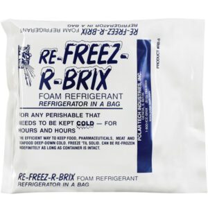 The 4 1/2 x 4 x 3/4 Re-Freez-R-Brix® Cold Bricks by Polar Tech Industries are white-packaged, versatile foam refrigerants in a bag that maintain perishables coolness for long periods. These reusable bricks are sealed and available in cases of 42.
