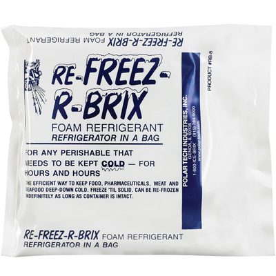 RB8.jpg The 4 1/2 x 4 x 3/4 Re-Freez-R-Brix® Cold Bricks by Polar Tech Industries are white-packaged, versatile foam refrigerants in a bag that maintain perishables coolness for long periods. These reusable bricks are sealed and available in cases of 42.