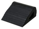 The Vestil Industrial Rubber Wedge 6.5 X 6 is a black, triangular doorstop with a ridged surface designed to securely keep doors open or closed.