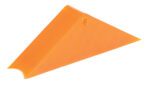 A compact, triangular orange plastic doorstop with a small top hole, similar to the Vestil Magnetic Rail Car Wheel Chock 11 In design.