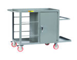 Meet the Little Giant Wire Reel Cart with Cabinet: a gray cart with red wheels, side shelves, and a lockable cabinet. Engineered for efficiency, it includes handles on both sides and a flat bottom shelf for convenience.