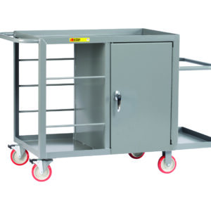 Meet the Little Giant Wire Reel Cart with Cabinet: a gray cart with red wheels, side shelves, and a lockable cabinet. Engineered for efficiency, it includes handles on both sides and a flat bottom shelf for convenience.